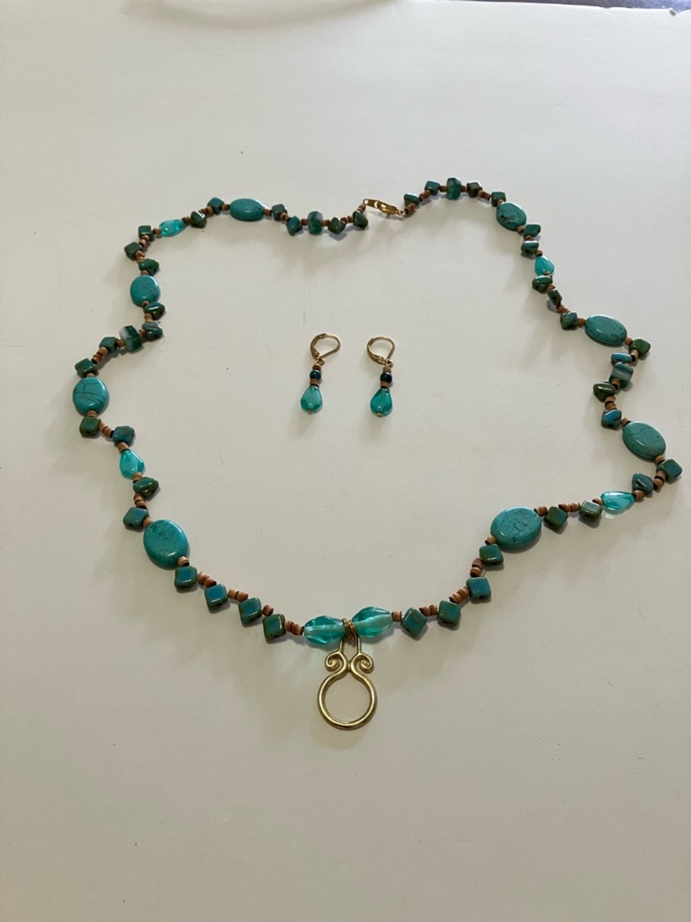 Aqua and Tan Beaded Necklace and Matching Earring Set For Glasses or A Badge